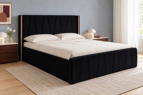 Pat tapițat din catifea Miro 140×200 cm, negru, cu ladă de depozitare