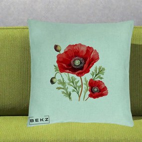 Perna Decorativa Maci Rosii Acuarela, 40x40 cm, Verde Menta, Husa Detasabila, Perna Inclusa, BEKZ®