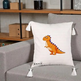 Perna Decorativa T-Rex Portocaliu, 40x40 cm, Bej cu Franjuri, Husa Detasabila, Perna Inclusa, BEKZ®