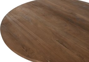 Masă dining rotundă din lemn de tec reciclat, natur, blat din scânduri îmbinate și picior central sculptat, finisaj natural, 75 x 140 cm, „Mireille”