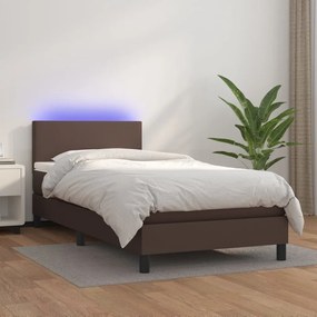 3134072 vidaXL Pat continental cu saltea și LED, maro, 80x200 cm, piele eco