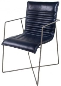 Scaun dining, albastru, din piele naturala si metal, Saint-Tropez