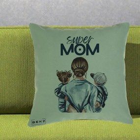 Cadou pentru Mama - Perna Personalizata Super Mom, 40x40 cm, Verde, Husa Detasabila, Perna Inclusa, BEKZ®