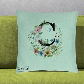 Cadou Personalizat - Perna Personalizata Monogram Litera C cu Flori Acuarela, 40x40 cm, Verde Menta, Husa Detasabila, Perna Inclusa, BEKZ®