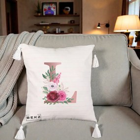 Cadou Personalizat - Perna Personalizata Monograma Rose Gold Litera L, 40x40 cm, Bej cu Franjuri, Husa Detasabila, Perna Inclusa, BEKZ®