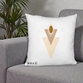 Perna Decorativa Boho Sun cu Triunghiuri Bej si Oval Solar, 40x40 cm, Alb Pufos, Husa Detasabila, Perna Inclusa, BEKZ®