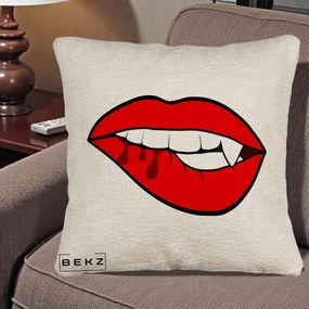 Perna Decorativa Vampire Lips Halloween, 40x40 cm, Bej Canapea, Husa Detasabila, Perna Inclusa, BEKZ®