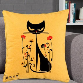 Perna Decorativa Pisica Neagra Grafica Flori Rosii, 40x40 cm, Galben, Husa Detasabila, Perna Inclusa, BEKZ®
