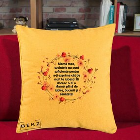 Cadou pentru Mama - Perna Personalizata Mama Mea Mesaj Floral, 40x40 cm, Galben, Husa Detasabila, Perna Inclusa, BEKZ®