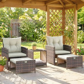 Outsunny Set de Mobilier de Grădină din Rattan 5 Piese, Set de Mobilier Exterior cu 2 Suporturi pentru Picioare, 2 Fotolii, Masă de Cafea cu 2 Niveluri, Perne, pentru Balcon, Terasă, Patio, Maro/Crem | Aosom Romania