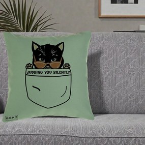 Perna Decorativa Judging You Silently Pisica Buzunar, 40x40 cm, Verde, Husa Detasabila, Perna Inclusa, BEKZ®