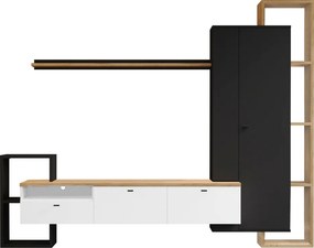 Mobilier de perete living, negru/alb/stejar craft auriu, DENISO