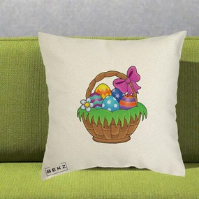 Perna Decorativa Cos cu Oua de Pasti Colorat, 40x40 cm, Ecru, Husa Detasabila, Perna Inclusa, BEKZ®