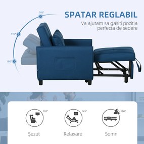 HOMCOM Fotoliu Pat Individual cu Spătar Reglabil pe 3 Nivele, 2 Roți și Pernă din Țesătură, 69x82x85 cm, Albastru | Aosom Romania