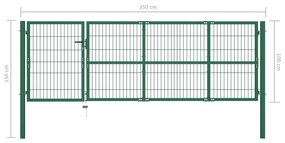 Poarta gard de gradina cu stalpi, verde, 350 x 100 cm, otel Verde, 100 cm