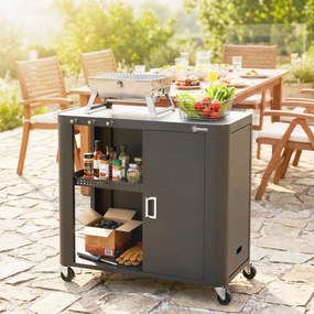 Outsunny Servantă de grădină cărucior de grătar pe roți cu masă laterală pliabilă dulap rafturi 166 x 54 x 88 cm negru | Aosom Romania