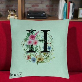 Cadou Personalizat - Perna Personalizata Monogram Litera H cu Flori Acuarela, 40x40 cm, Verde Menta, Husa Detasabila, Perna Inclusa, BEKZ®