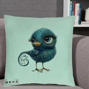 Perna Decorativa Pasare Teal cu Motive Aurii si Coada Spiralata, 40x40 cm, Verde Menta, Husa Detasabila, Perna Inclusa, BEKZ®