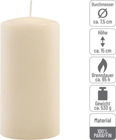 Set de lumânări tip pilon, 15 cm, Ø 7,5 cm, crem, 6 buc