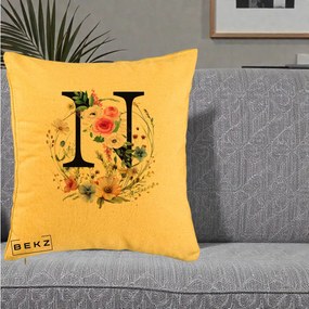 Cadou Personalizat - Perna Personalizata Monogram Litera N cu Flori Acuarela, 40x40 cm, Galben, Husa Detasabila, Perna Inclusa, BEKZ®