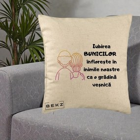 Cadou pentru Bunici - Perna Personalizata Iubirea Bunicilor Infloreste Cuplu Line Art Gradient, 40x40 cm, Bej, Husa Detasabila, Perna Inclusa, BEKZ®