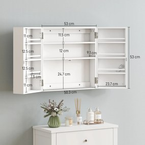 HOMCOM Dulap Medicamente de Perete cu Cheie, 3 Rafturi Interne și 8 Suporturi pentru Sticle, Dulap din MDF și Metal, pentru Bucătărie, Hol, Living, 53x20x53 cm, Alb | Aosom Romania