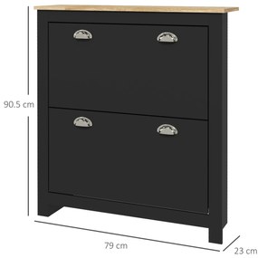 HOMCOM Dulap pantofi 2 uși rabatabile 2 compartimente mânere cochilie metal 79 x 23 x 90,5 cm negru stejar | Aosom Romania
