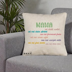 Cadou pentru Mama - Perna Personalizata Mama Cel Dintai Cuvant cu Text Colorat Multicolor, 40x40 cm, Bej Canapea, Husa Detasabila, Perna Inclusa, BEKZ®