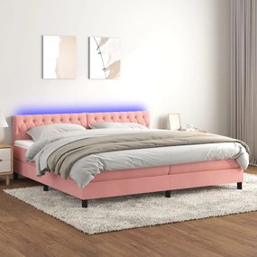 vidaXL Pat cu arcuri, saltea &amp; LED, roz, 200x200 cm, catifea