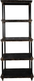 Bibliotecă vintage din lemn, negru, cu 4 rafturi deschise și coloane strunjite cu accente aurii, 210 x 80 x 40 cm, „Rustique”