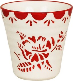 Cană din ceramică artizanală, natur, cu motive florale pictate manual roșu și bordură decorativă, fără mâner, 10×10 cm, „Marion"