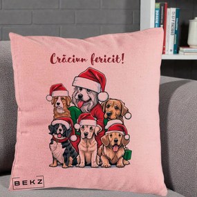 Perna Decorativa Caini cu Bonete Craciun Fericit, 40x40 cm, Roz, Husa Detasabila, Perna Inclusa, BEKZ®