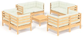 Set mobilier gradina cu perne crem,9 piese, lemn masiv de pin maro si crem, 1