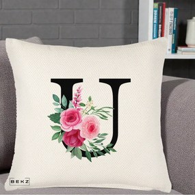 Cadou Personalizat - Perna Personalizata Monograma Florala Litera U, 40x40 cm, Crem Reliefat, Husa Detasabila, Perna Inclusa, BEKZ®