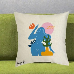 Perna Decorativa Femeie Albastra Cactus, 40x40 cm, Ecru, Husa Detasabila, Perna Inclusa, BEKZ®