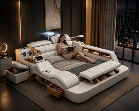 MOBLUX03 Luxury 180x200 cm Beige Right Chaise – Pat Inteligent Premium cu Proiector, Vibromasaj, Boxe Bluetooth, Încărcare Wireless și Spații Multiple de Depozitare