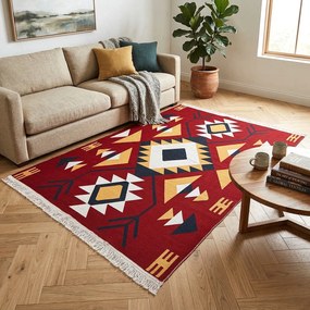 Covor Tesut Traditional, 2 fete, Model Etnic Tribal Rosu, 80x200 cm