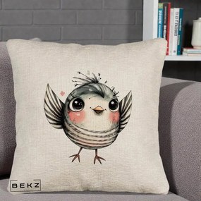 Perna Decorativa Pasare Gri cu Aripi si Inimioare, 40x40 cm, Bej Canapea, Husa Detasabila, Perna Inclusa, BEKZ®