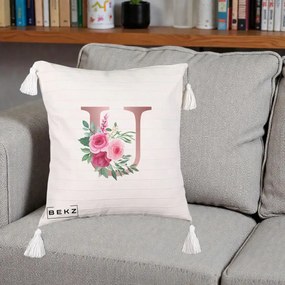 Cadou Personalizat - Perna Personalizata Monograma Rose Gold Litera U, 40x40 cm, Bej cu Franjuri, Husa Detasabila, Perna Inclusa, BEKZ®