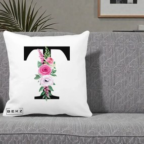Cadou Personalizat - Perna Personalizata Monograma Florala Litera T, 40x40 cm, Alba Mata, Husa Detasabila, Perna Inclusa, BEKZ®