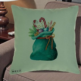 Perna Decorativa Saculet Cadouri Mos Craciun Acuarela Verde, 40x40 cm, Verde, Husa Detasabila, Perna Inclusa, BEKZ®