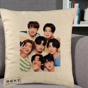 Perna Personalizata K-pop BTS Bangtan Boys Portret Grup Fanart, 40x40 cm, Bej, Husa Detasabila, Perna Inclusa, BEKZ®