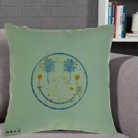 Perna Decorativa Smiley Face Tropical Albastru Glitter si Portocaliu, 40x40 cm, Verde, Husa Detasabila, Perna Inclusa, BEKZ®