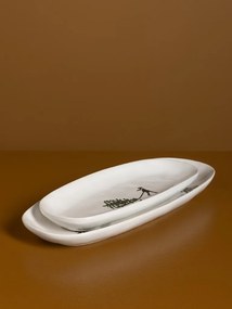 Platou de servire din ceramică albă, formă ovală, cu motive de iarnă pictate manual, 3,5 × 30,5 × 13 cm, „Slalom"