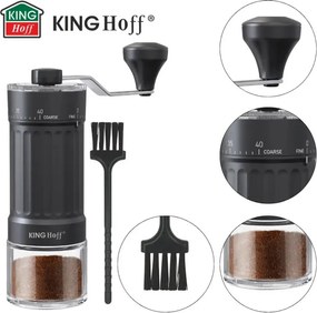 Măcinător manual de cafea Kinghoff KH 2002, 30 g, Mecanism ceramic, Reglare continuă a fineții, Negru
