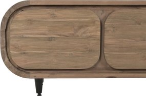 Comodă TV lungă din lemn de tec reciclat, maro, cu 4 sertare și picioare metalice, aspect rustic, 50 x 200 x 45 cm, „Granville”