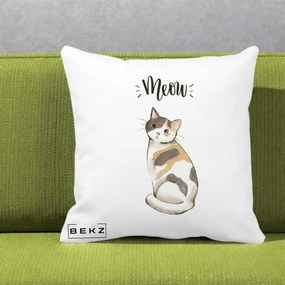 Perna Personalizata Pisica Meow Acuarela, 40x40 cm, Alba Mata, Husa Detasabila, Perna Inclusa, BEKZ®