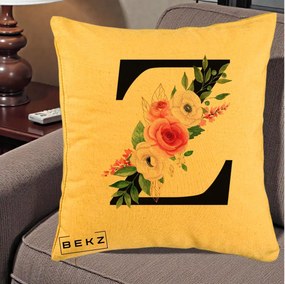 Cadou Personalizat - Perna Personalizata Monograma Florala Litera Z cu Buchet, 40x40 cm, Galben, Husa Detasabila, Perna Inclusa, BEKZ®