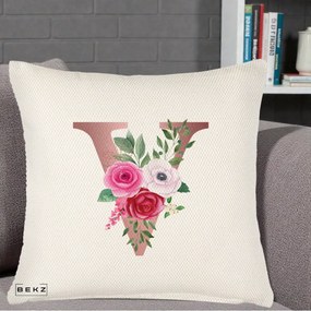 Cadou Personalizat - Perna Personalizata Monograma Rose Gold Litera V, 40x40 cm, Crem Reliefat, Husa Detasabila, Perna Inclusa, BEKZ®
