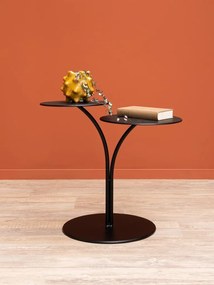 Măsuță laterală din metal, negru, cu două blaturi rotunde pe tije curbate și bază rotundă, 55 x 60 x 40 cm, „Flowy”